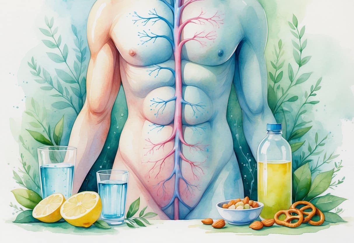 A watercolor painting showing a human torso with flowing streams representing sodium in the blood, surrounded by water, salty snacks, and electrolyte solution, symbolizing treatment for low sodium.