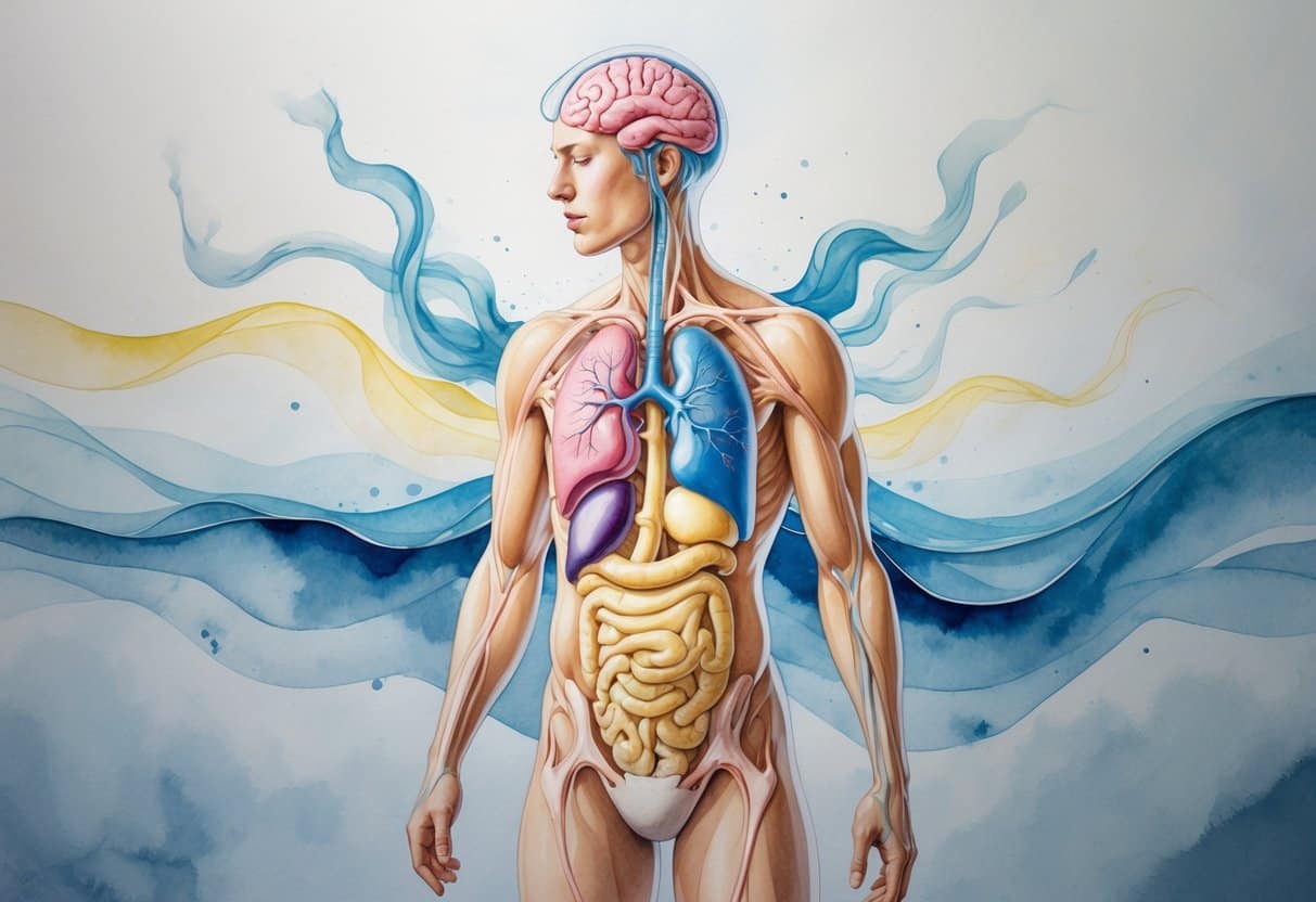 A human figure with highlighted brain and kidneys surrounded by abstract shapes representing symptoms like confusion and muscle cramps.