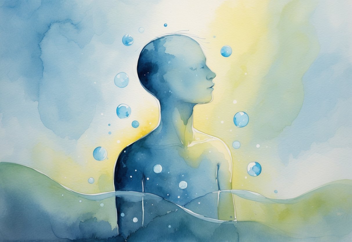 A translucent human figure surrounded by faint glowing spheres against a soft blue and green background.