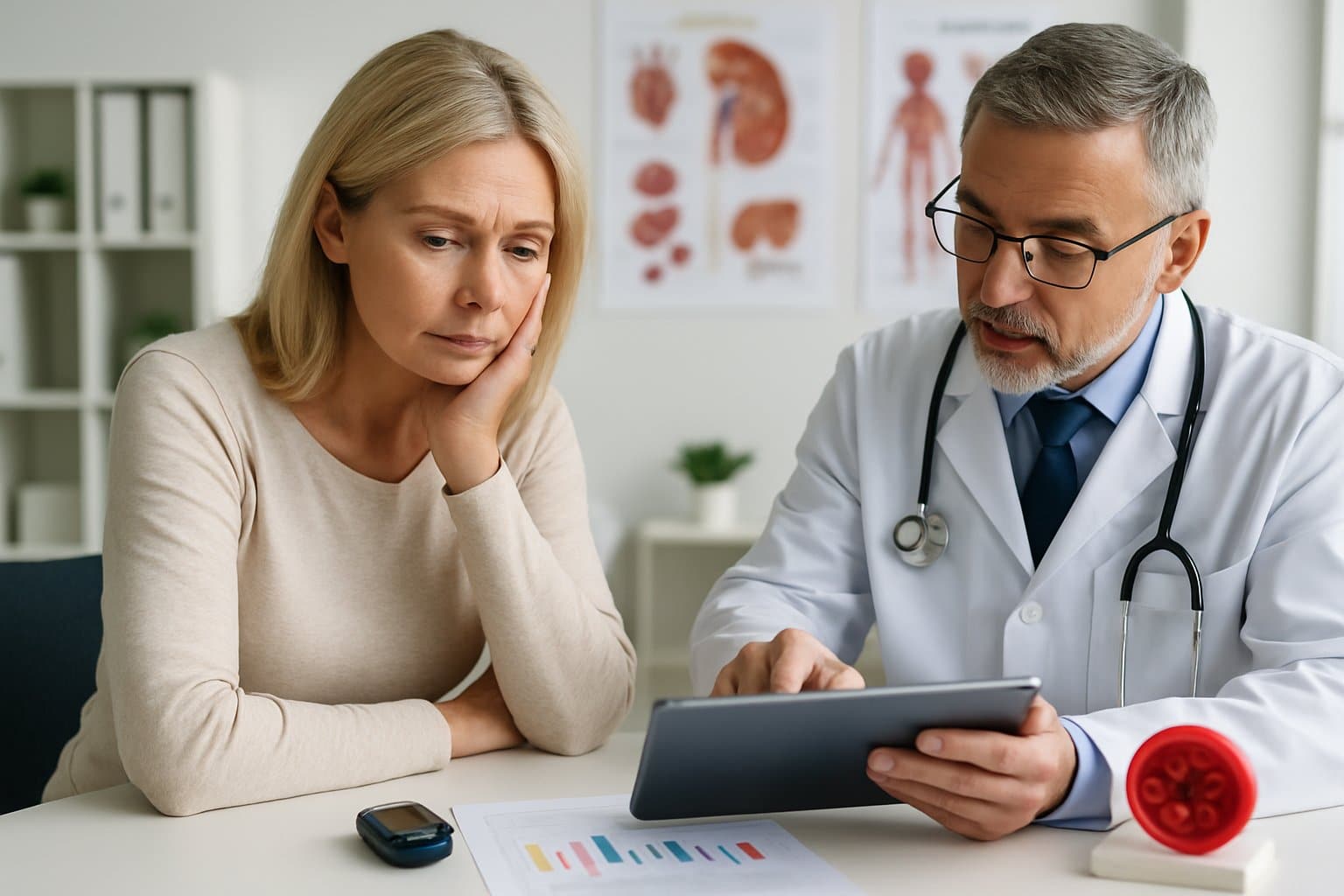 A woman and a doctor discussing medical results in a clinic office.
