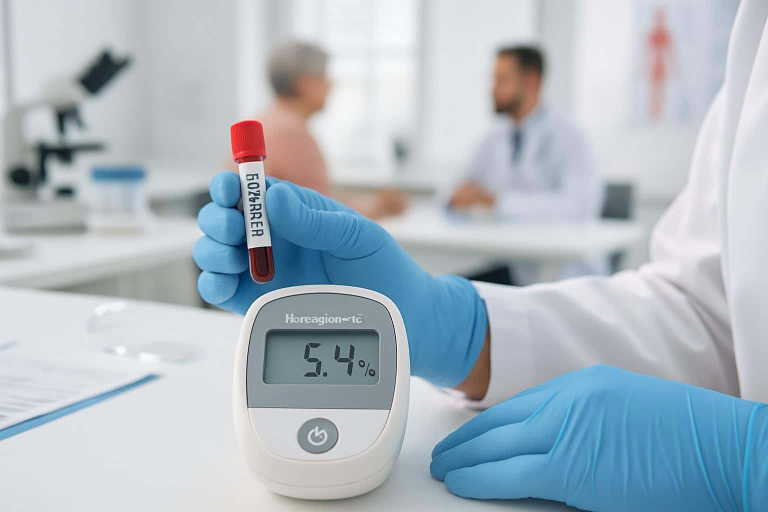 A healthcare professional holding a blood sample vial and a hemoglobin A1C testing device in a medical laboratory with a patient and doctor talking in the background.