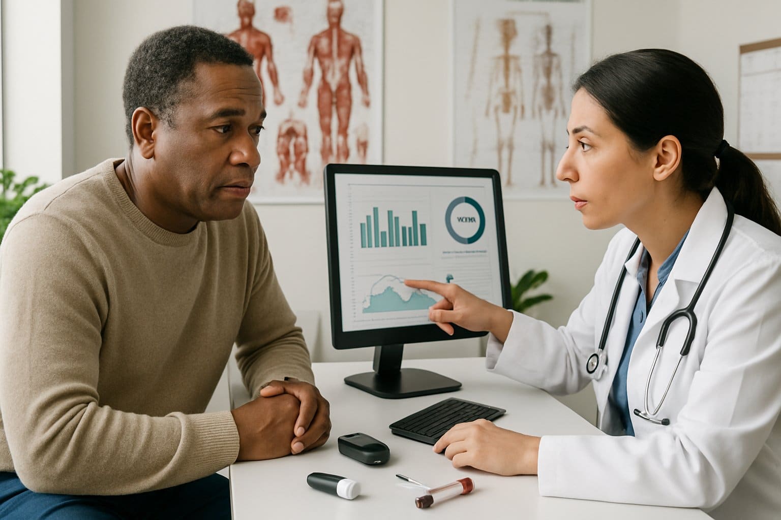 A healthcare professional discusses medical test results with a patient in a clinic office, with diabetes testing equipment visible on the desk.