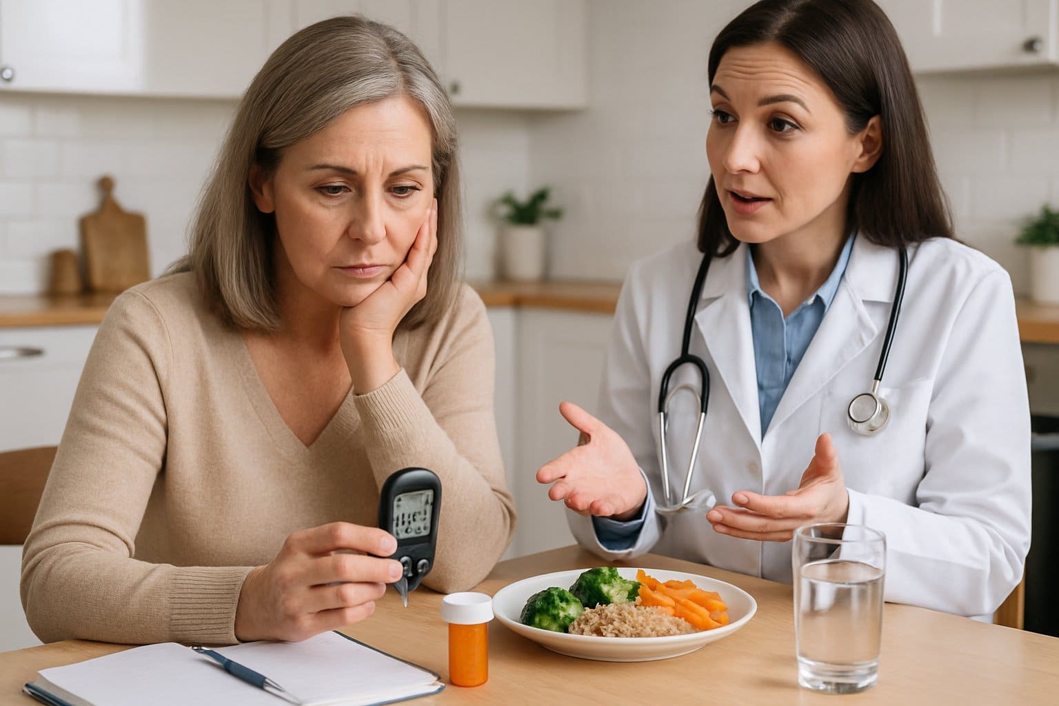 A woman at a kitchen table looking at a glucometer with a healthcare professional explaining something to her.