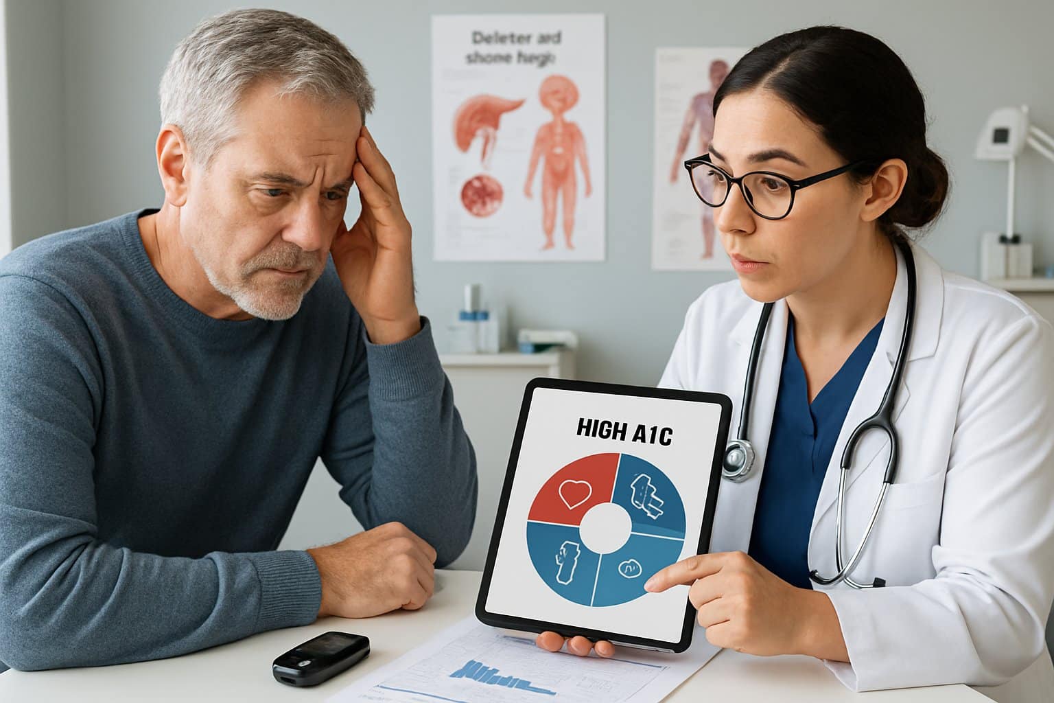 A middle-aged man talks with a healthcare professional in a medical office, reviewing test results related to diabetes.
