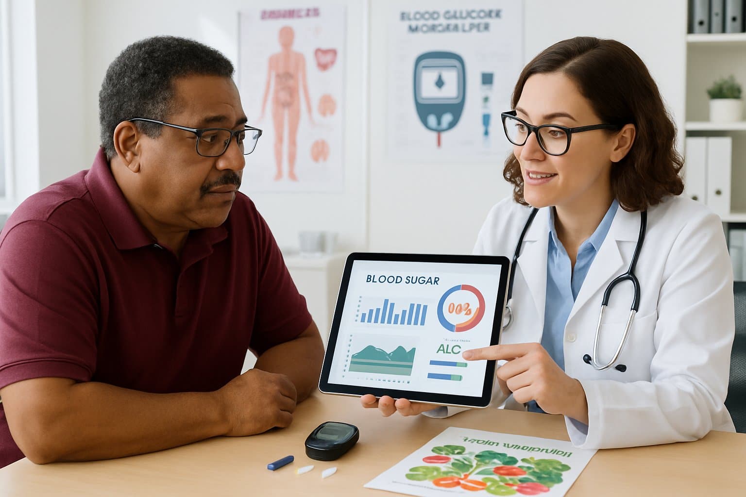 A doctor consulting with a patient in a medical office, discussing blood sugar management with medical tools and healthy food brochures on the desk.
