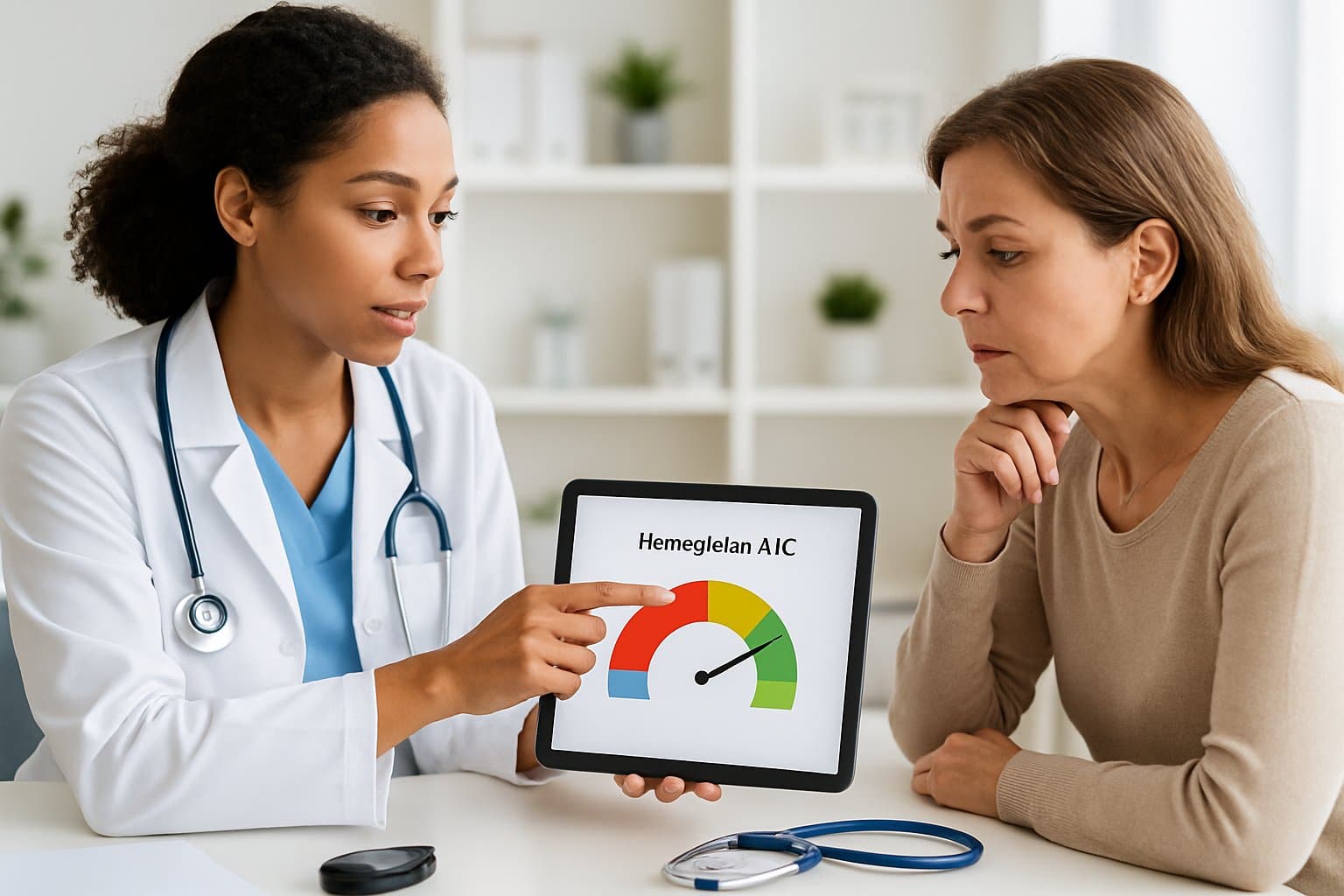 A healthcare professional discussing hemoglobin A1C levels with a patient in a medical office, using a tablet to show a chart.