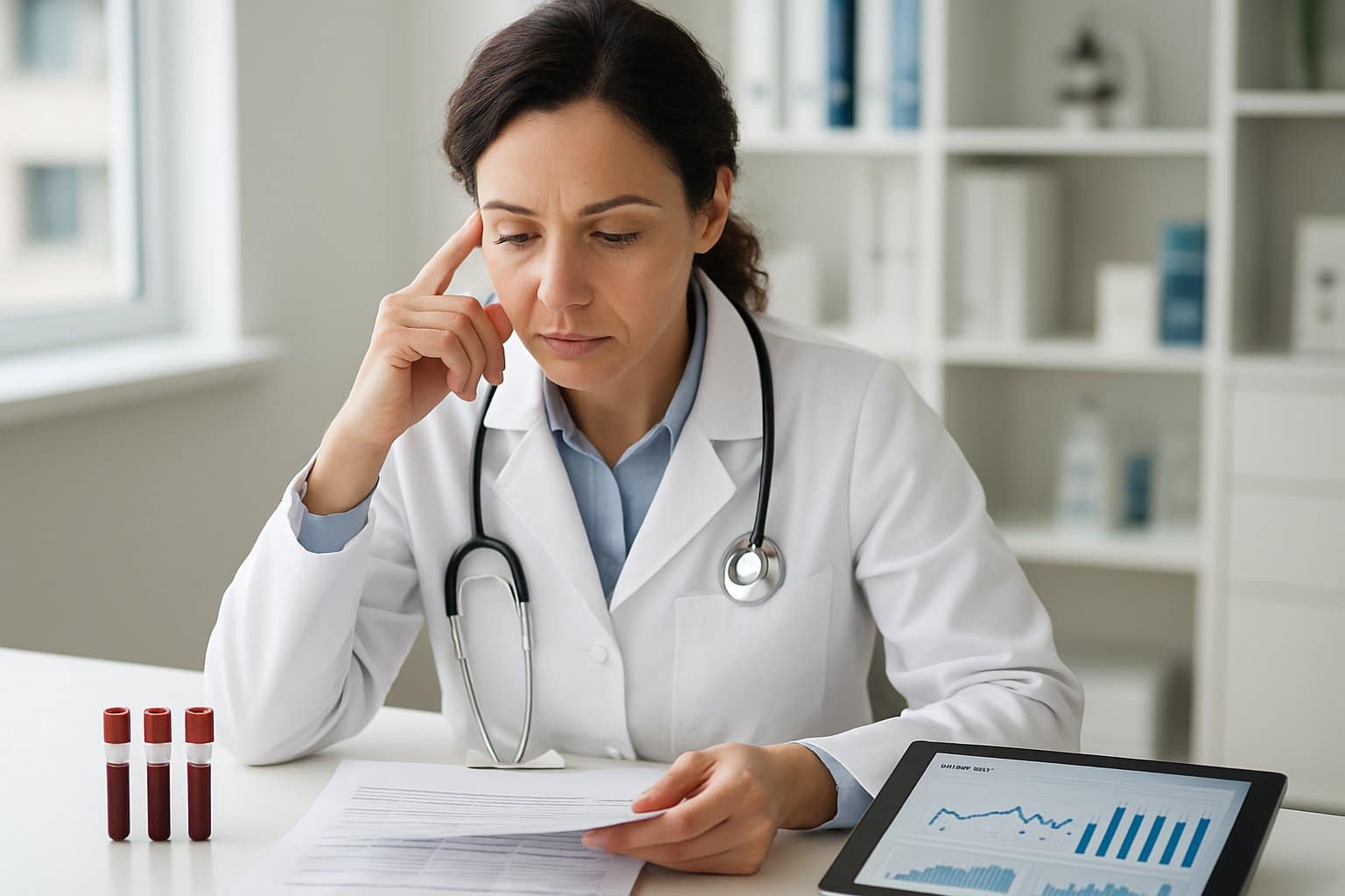 A healthcare professional in a white coat reviewing medical charts and blood test vials in a modern clinic.