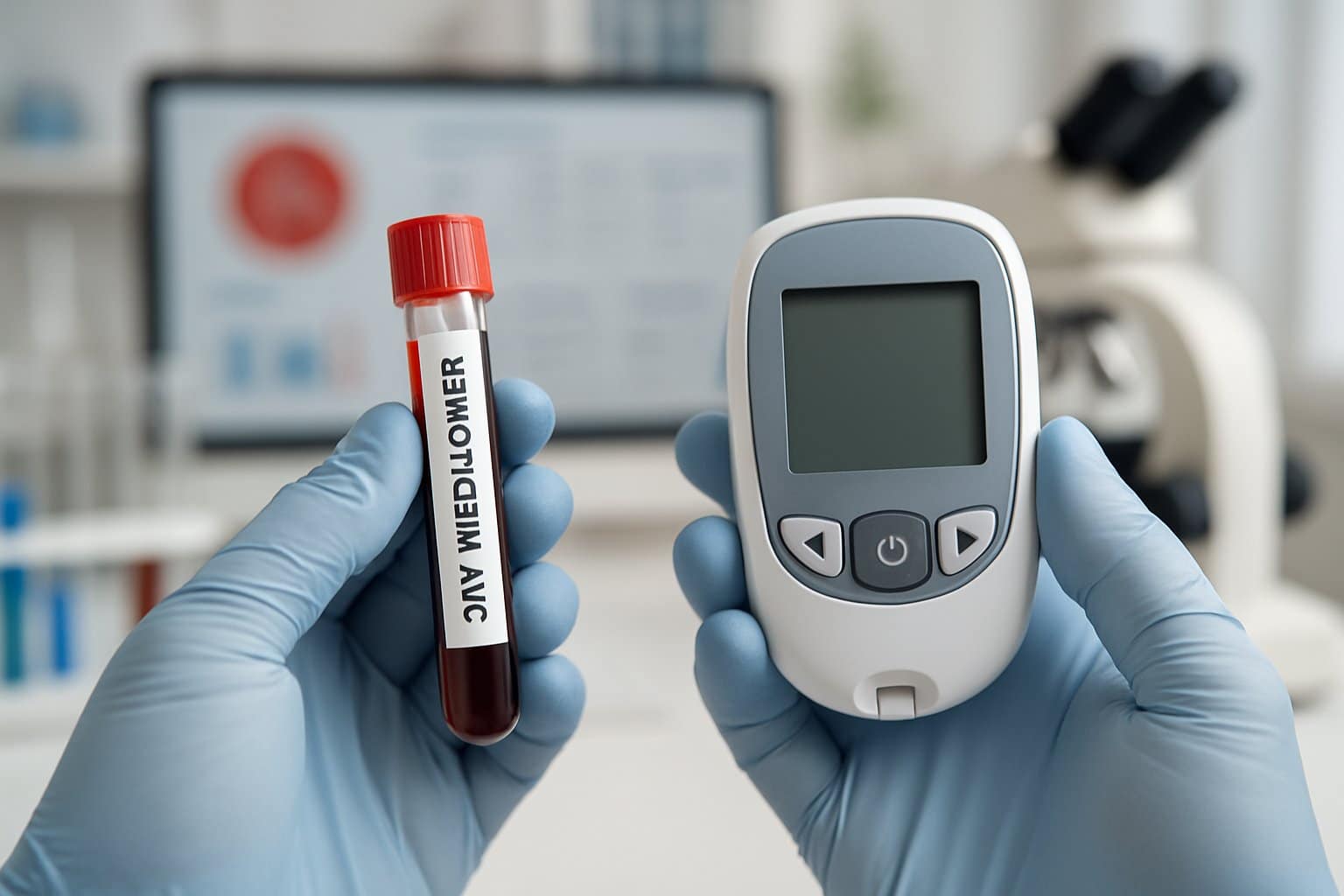 Close-up of a healthcare professional holding a blood vial and a blood glucose meter in a laboratory setting.