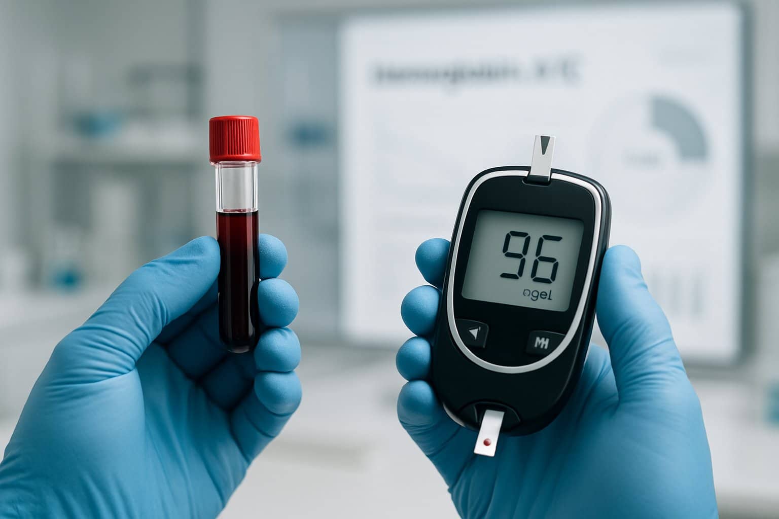 Close-up of a healthcare professional's gloved hands holding a blood sample vial and a digital glucose meter in a medical laboratory.