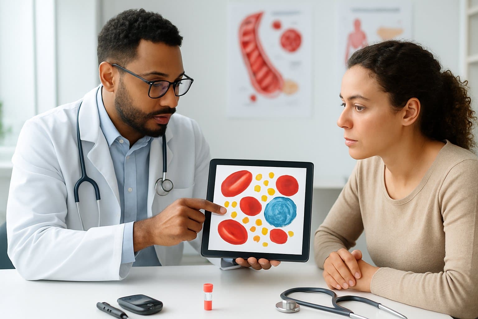 A doctor and patient in a medical office reviewing a digital tablet showing blood cells and glucose molecules, with medical tools on the desk.
