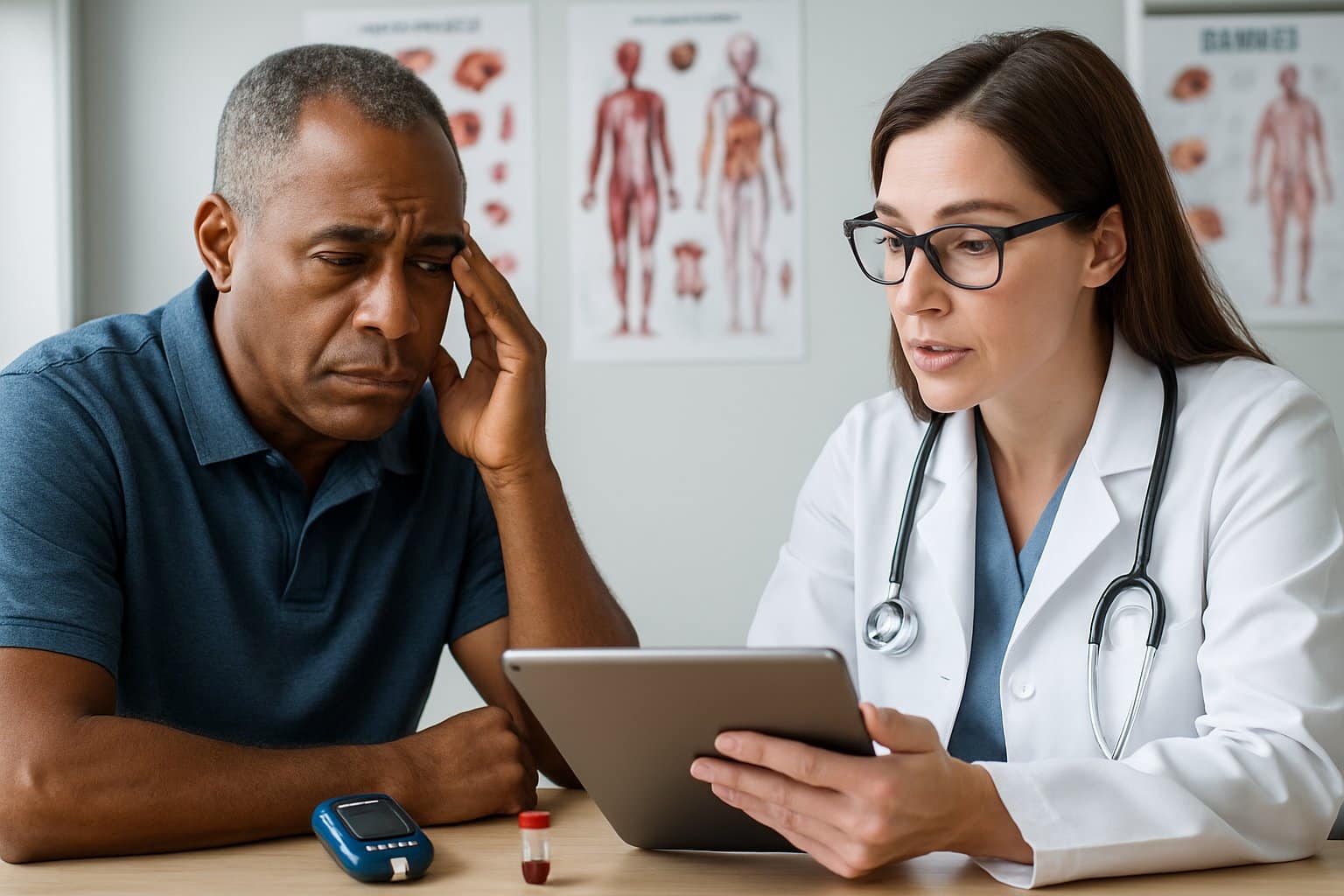 A middle-aged adult in a medical clinic discussing blood test results with a healthcare professional.