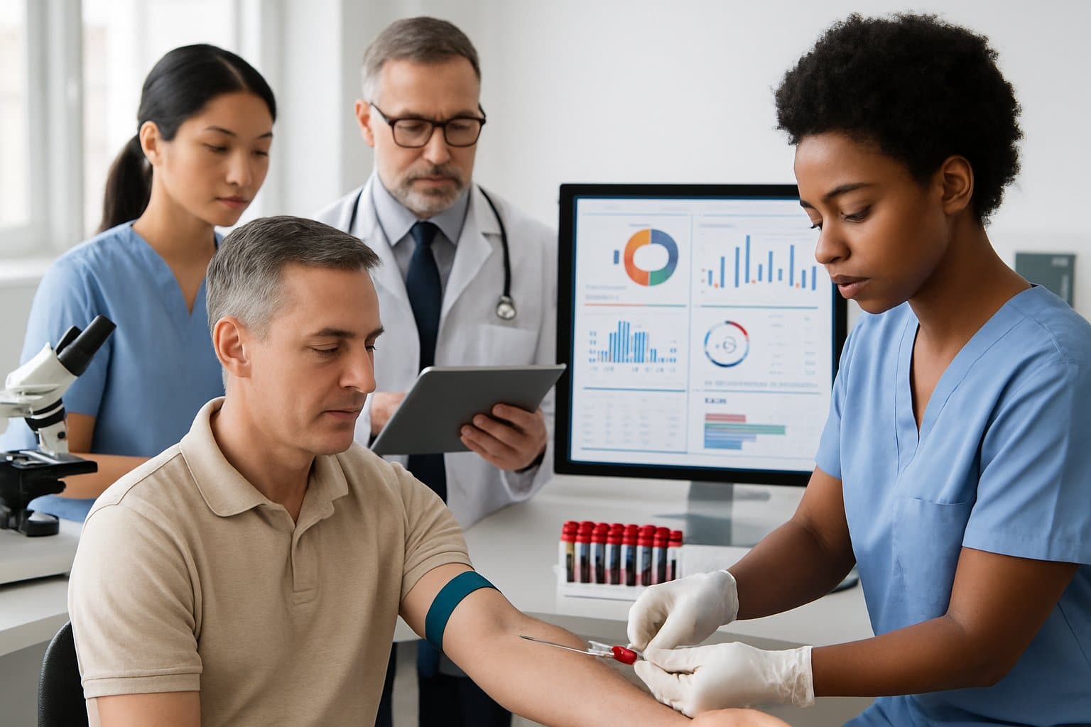Healthcare professionals reviewing blood test results while a patient has blood drawn in a medical clinic.