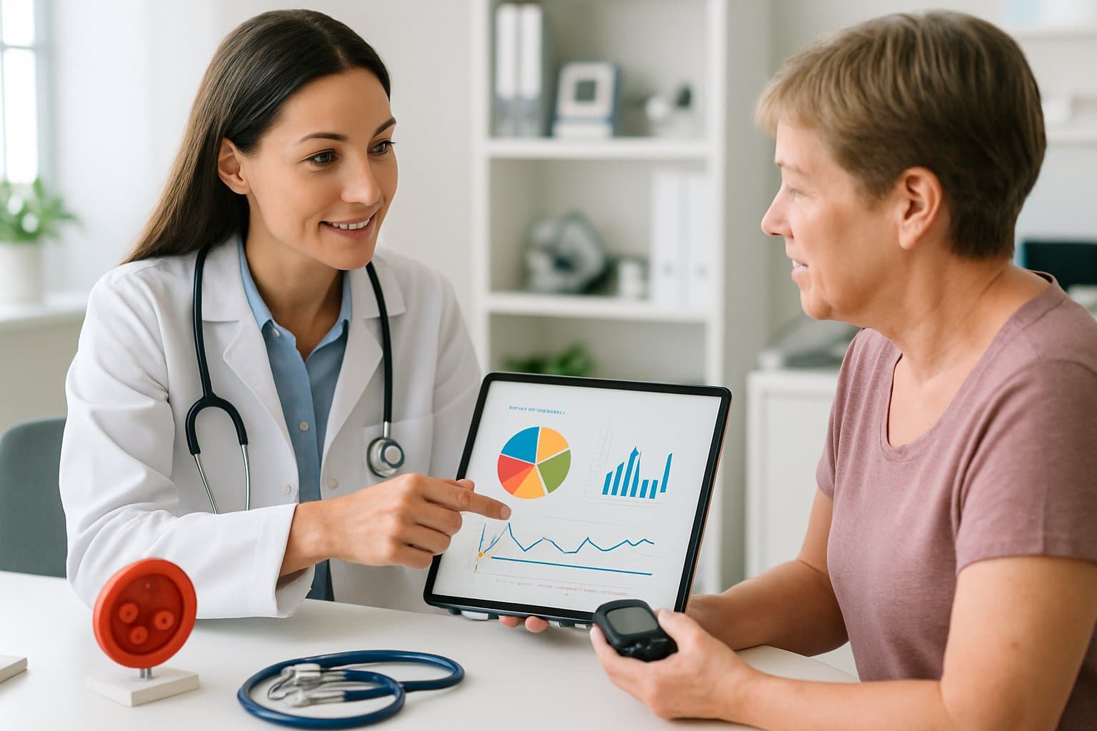 A doctor consulting with a patient in a medical office, showing charts about blood sugar levels on a tablet.