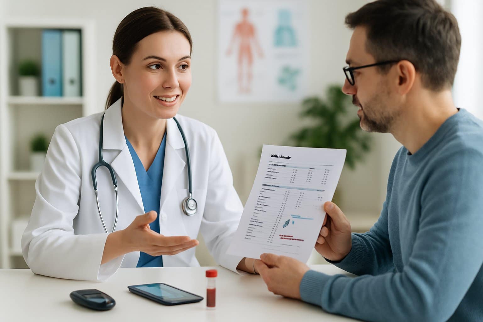 A healthcare professional discusses blood test results with a patient in a bright medical office.