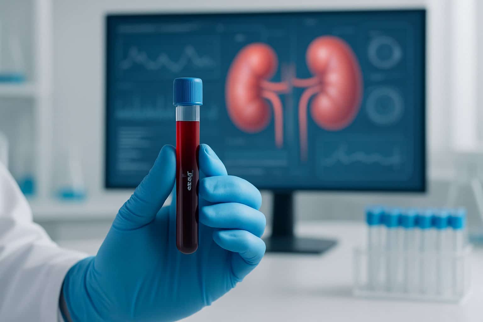 A healthcare professional holding a blood sample vial in a medical laboratory with kidney anatomy visuals in the background.