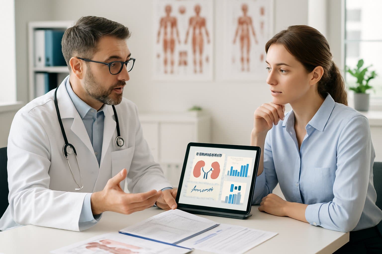 A doctor explains blood test results to a patient in a medical office.