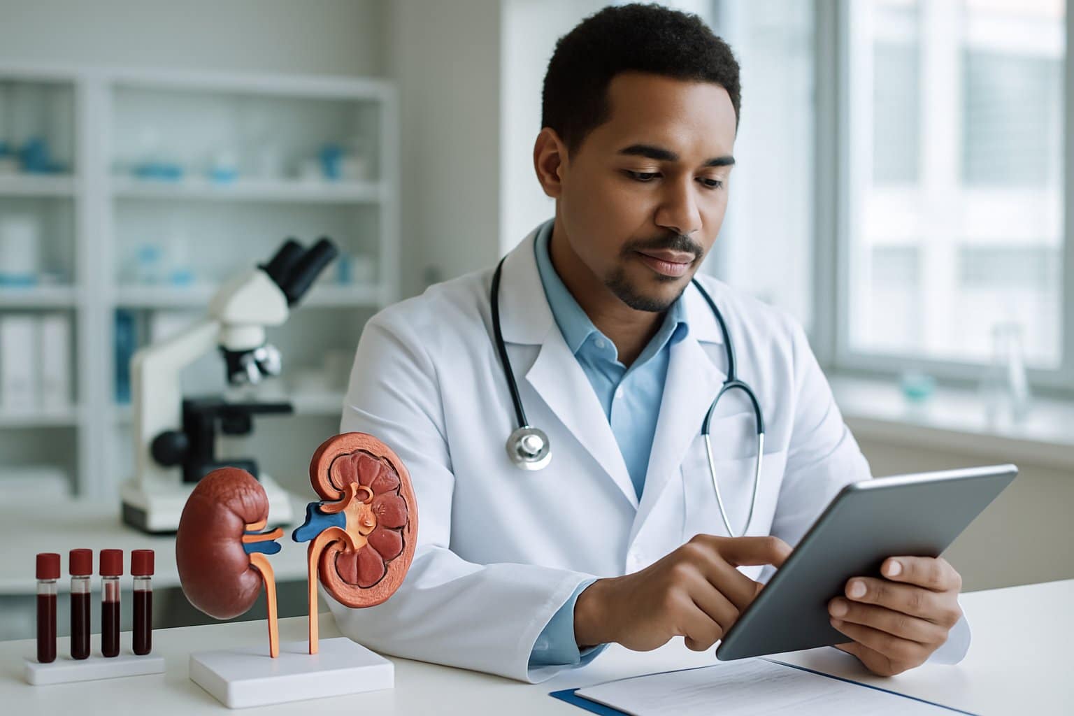 A healthcare professional in a lab coat reviews blood test results in a medical lab with kidney models and diagnostic equipment nearby.
