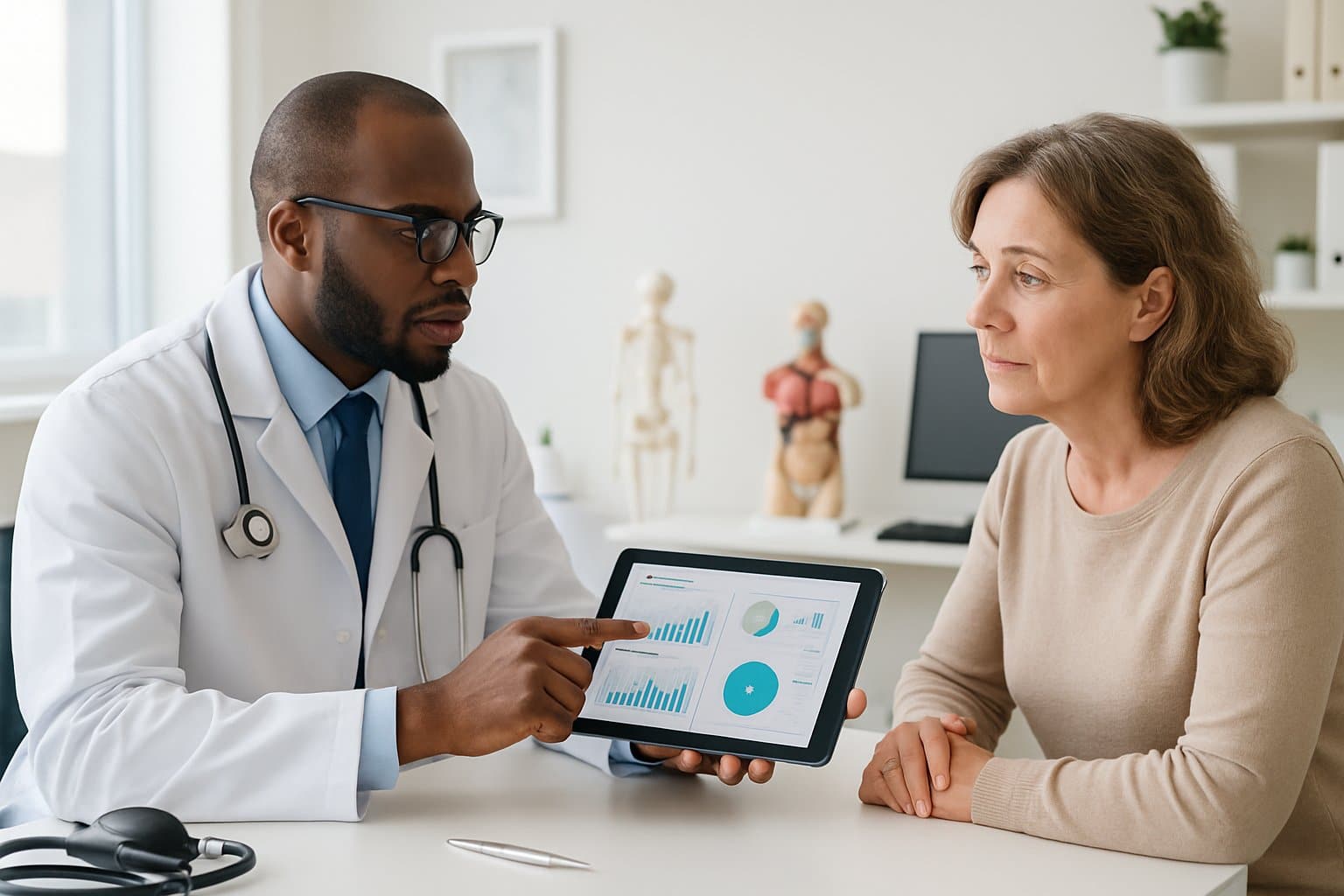 A doctor and patient discussing medical information in a bright doctor's office.
