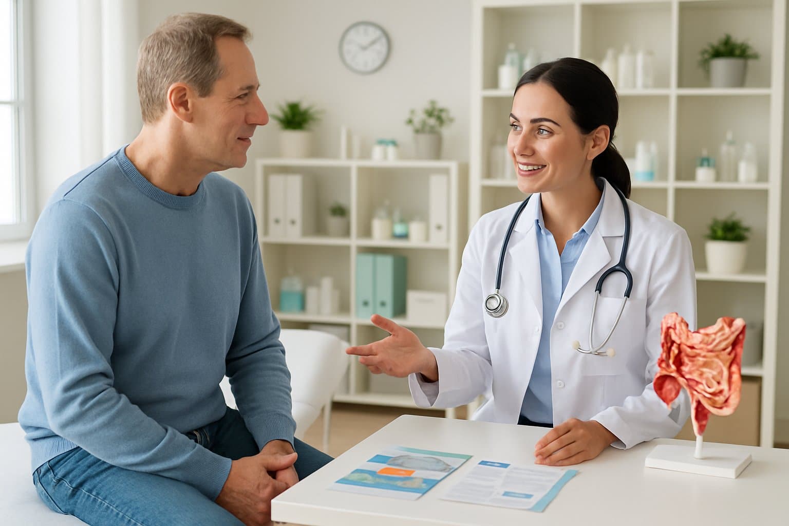 A healthcare professional talking to a patient in a bright medical office with medical models and supplies visible.