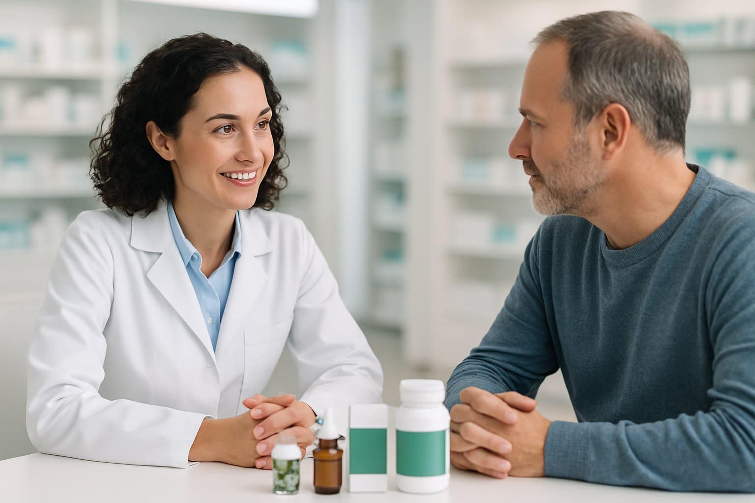A pharmacist talking with a patient in a modern pharmacy, with laxative products on the counter.