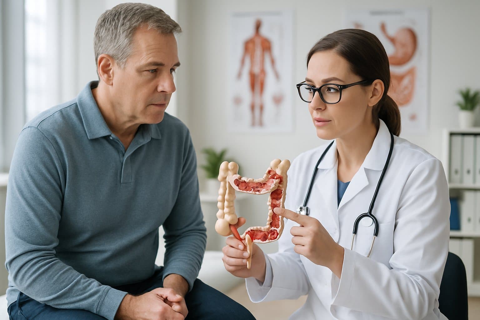 A doctor explains colon health to a patient using a colon model in a medical office.