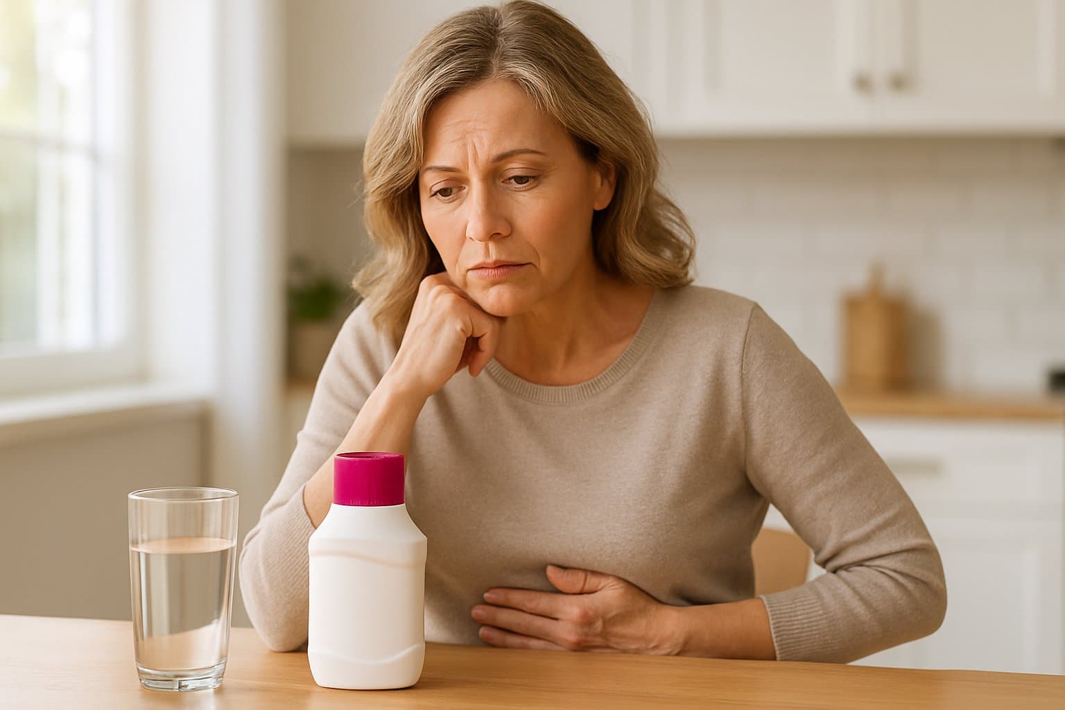 A middle-aged woman sitting at a kitchen table with a glass of water and a bottle of Miralax, looking thoughtful and gently touching her abdomen.