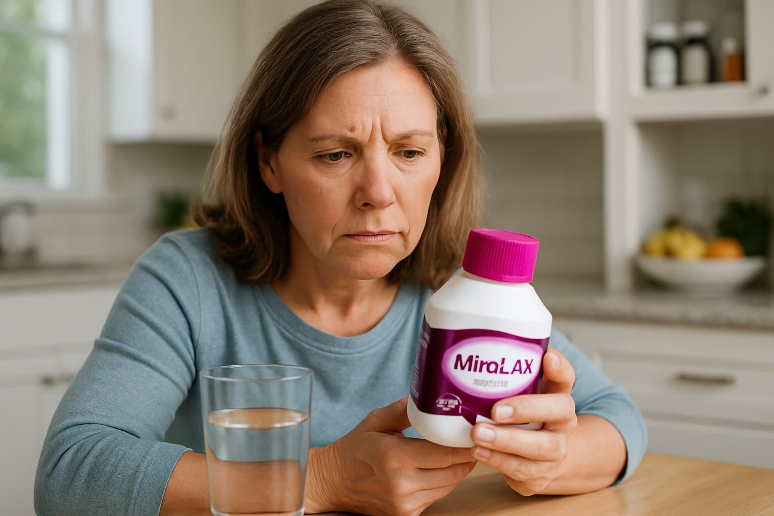 A middle-aged woman sitting at a kitchen table looking thoughtfully at a bottle of Miralax with a glass of water nearby.