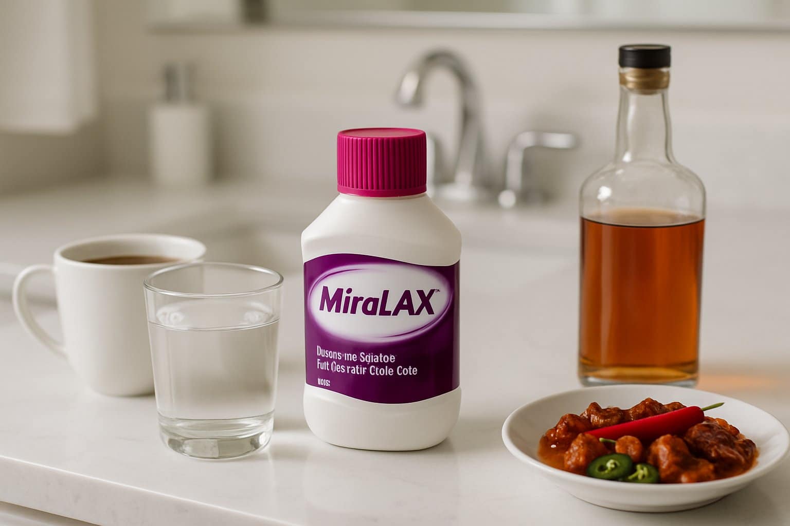 A bathroom countertop with a bottle of Miralax, a glass of water, coffee cup, alcohol bottle, and spicy food plate arranged to suggest items to avoid when taking Miralax.