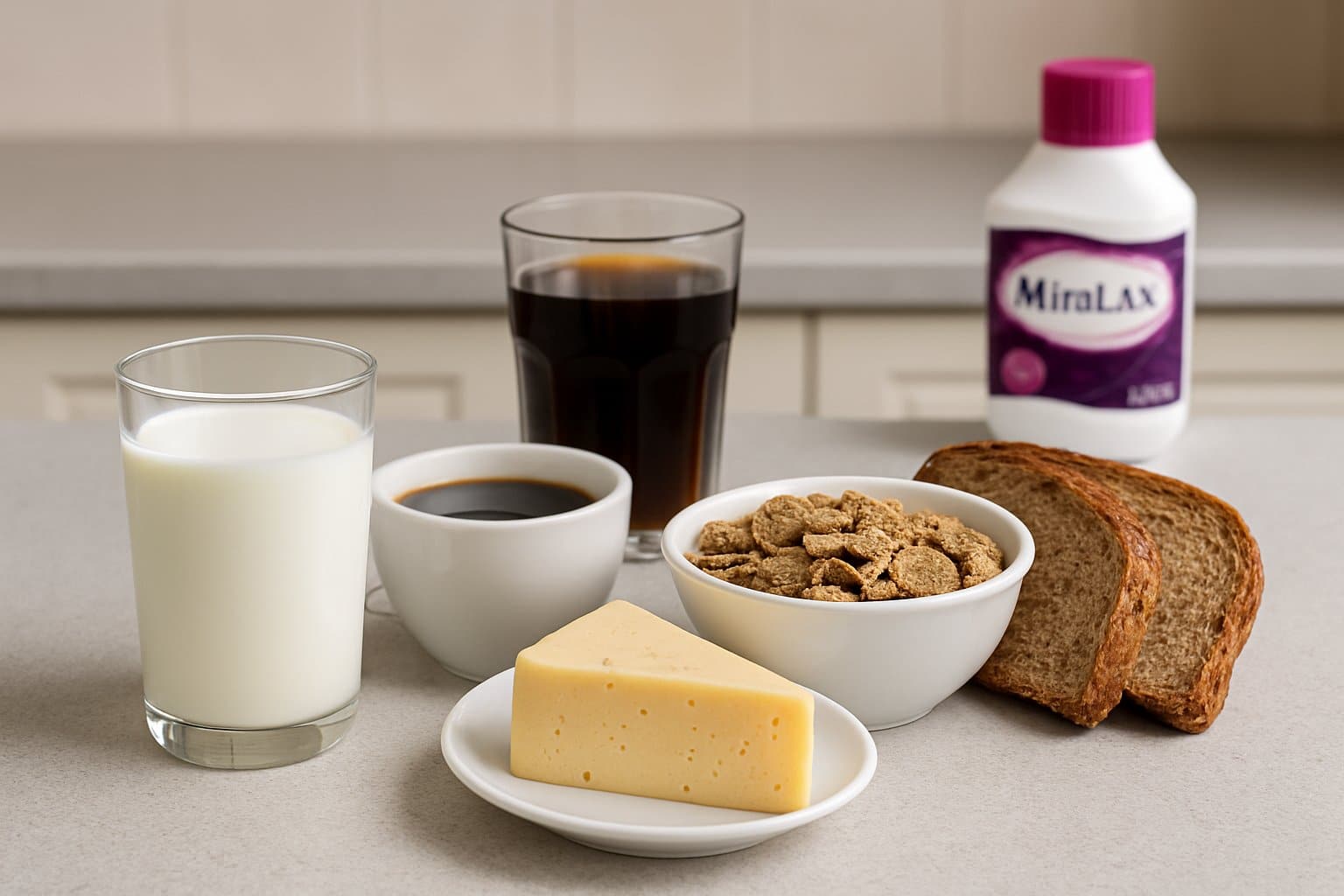 Kitchen countertop with dairy products, coffee, soda, bran cereal, and whole grain bread displayed alongside a blurred Miralax bottle.