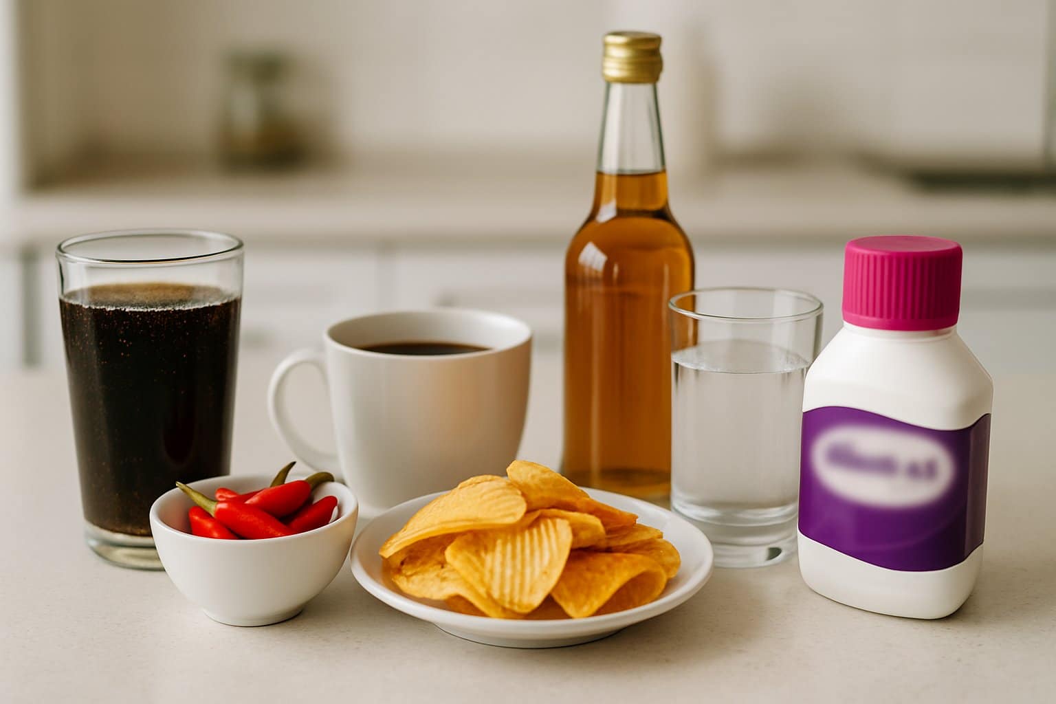 A kitchen countertop displaying soda, spicy peppers, coffee, processed snacks, alcohol, water, and a Miralax bottle with the label blurred.
