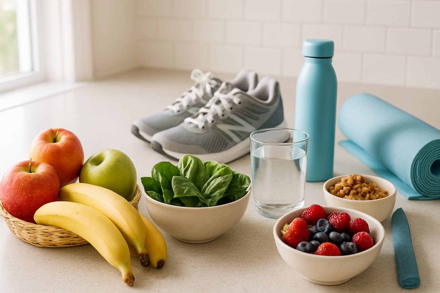 A kitchen countertop with fresh fruits, vegetables, a glass of water, and items representing healthy lifestyle habits.