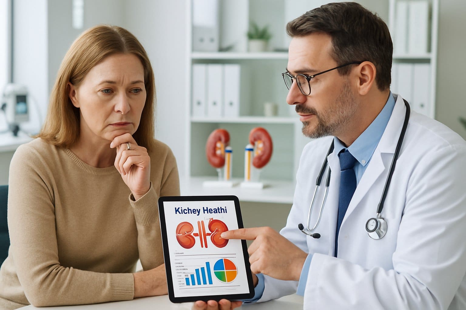 A woman talking to a doctor in a medical office, looking concerned while the doctor explains something on a tablet.