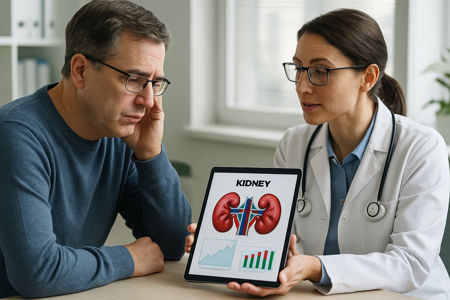 A person consulting with a doctor in a medical office, discussing kidney health.