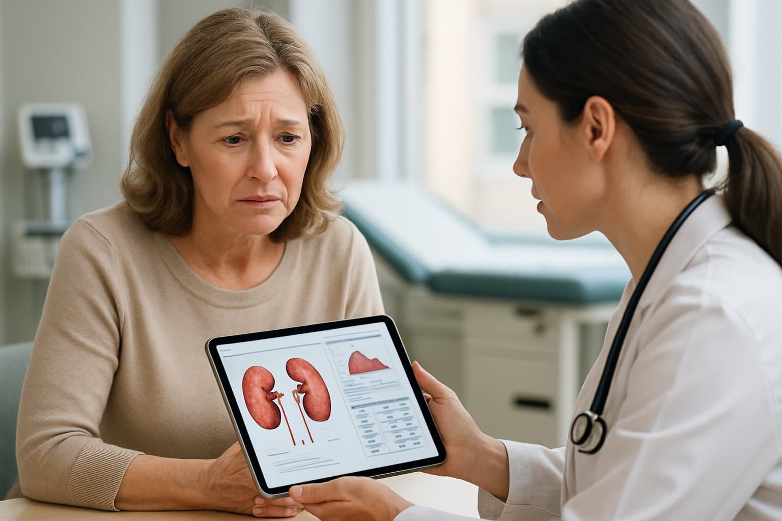 A middle-aged woman talks with a healthcare professional in a medical office, discussing kidney health.