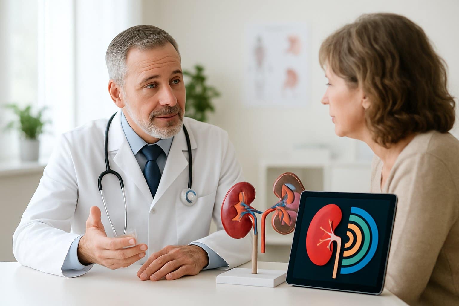A doctor explains kidney health to a patient in a bright medical office with a kidney model and chart on the desk.