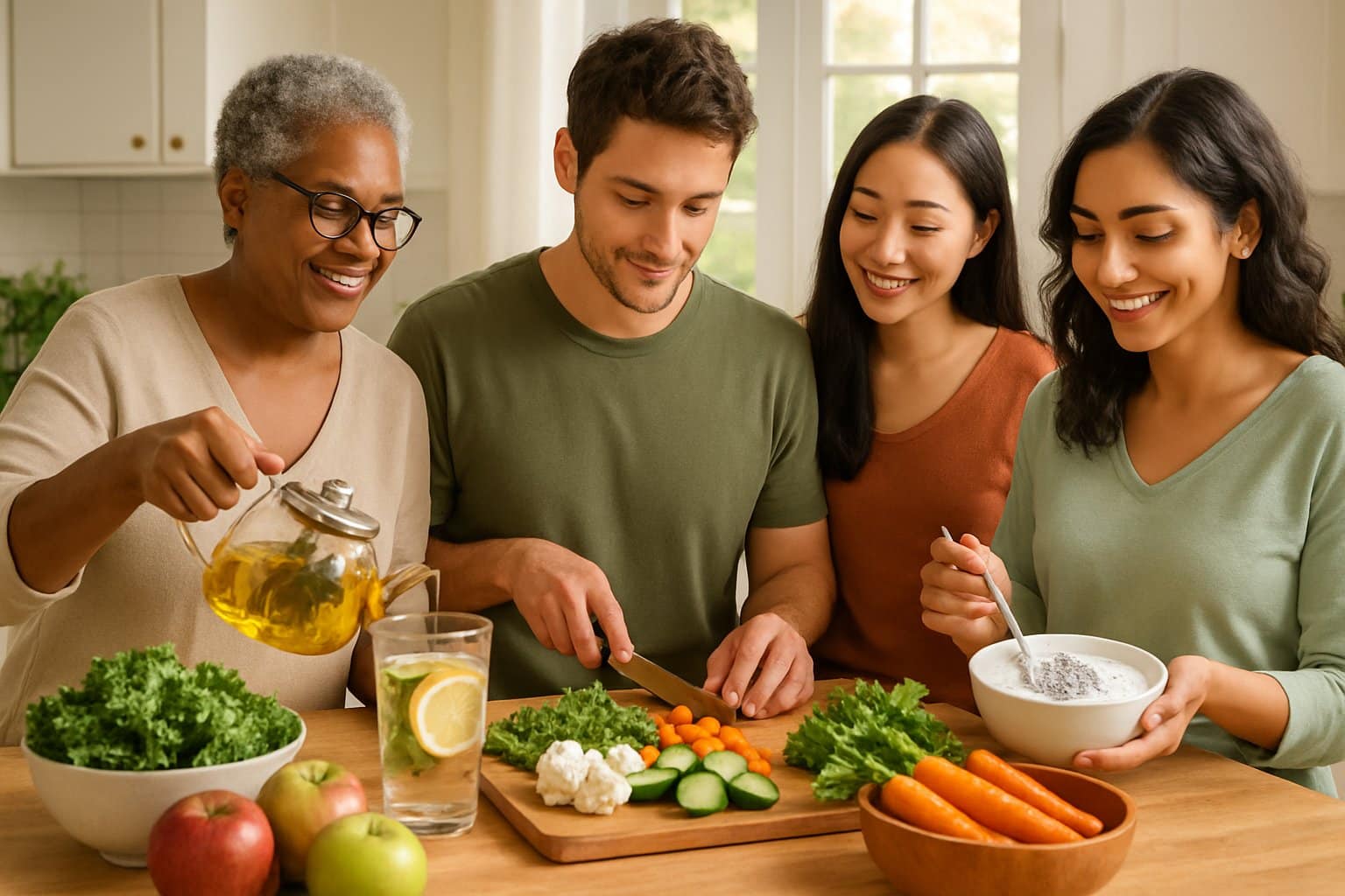 People preparing and enjoying fresh fruits, vegetables, yogurt, and herbal tea in a bright kitchen.