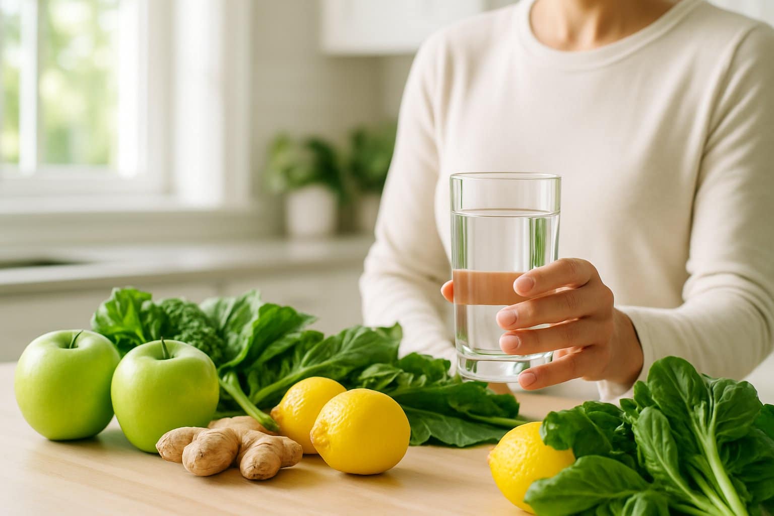 A person holding a clear glass of water in a kitchen with fresh fruits and vegetables on the counter.