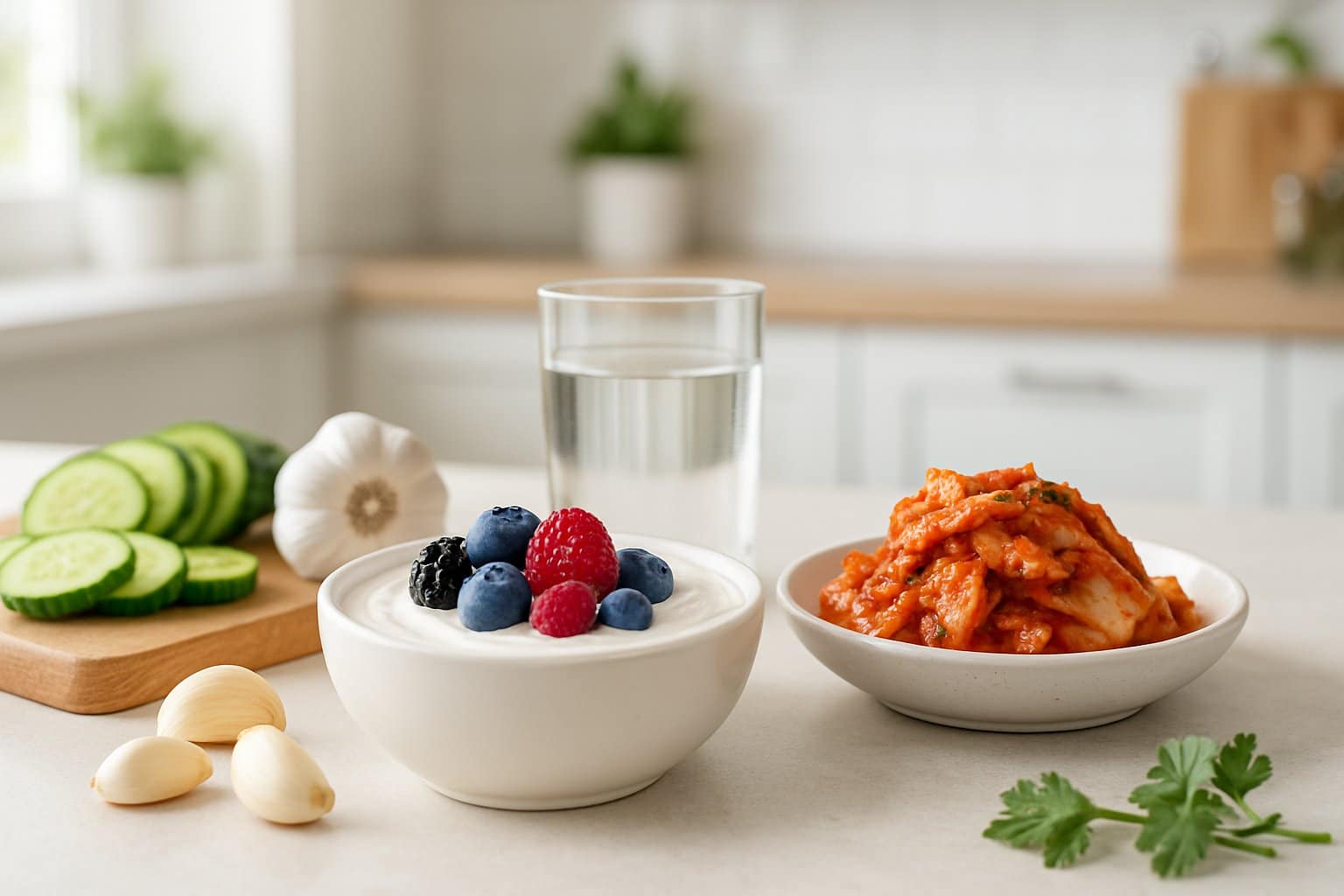 A kitchen countertop with a bowl of yogurt topped with berries and a plate of kimchi, surrounded by fresh ingredients in a bright kitchen.