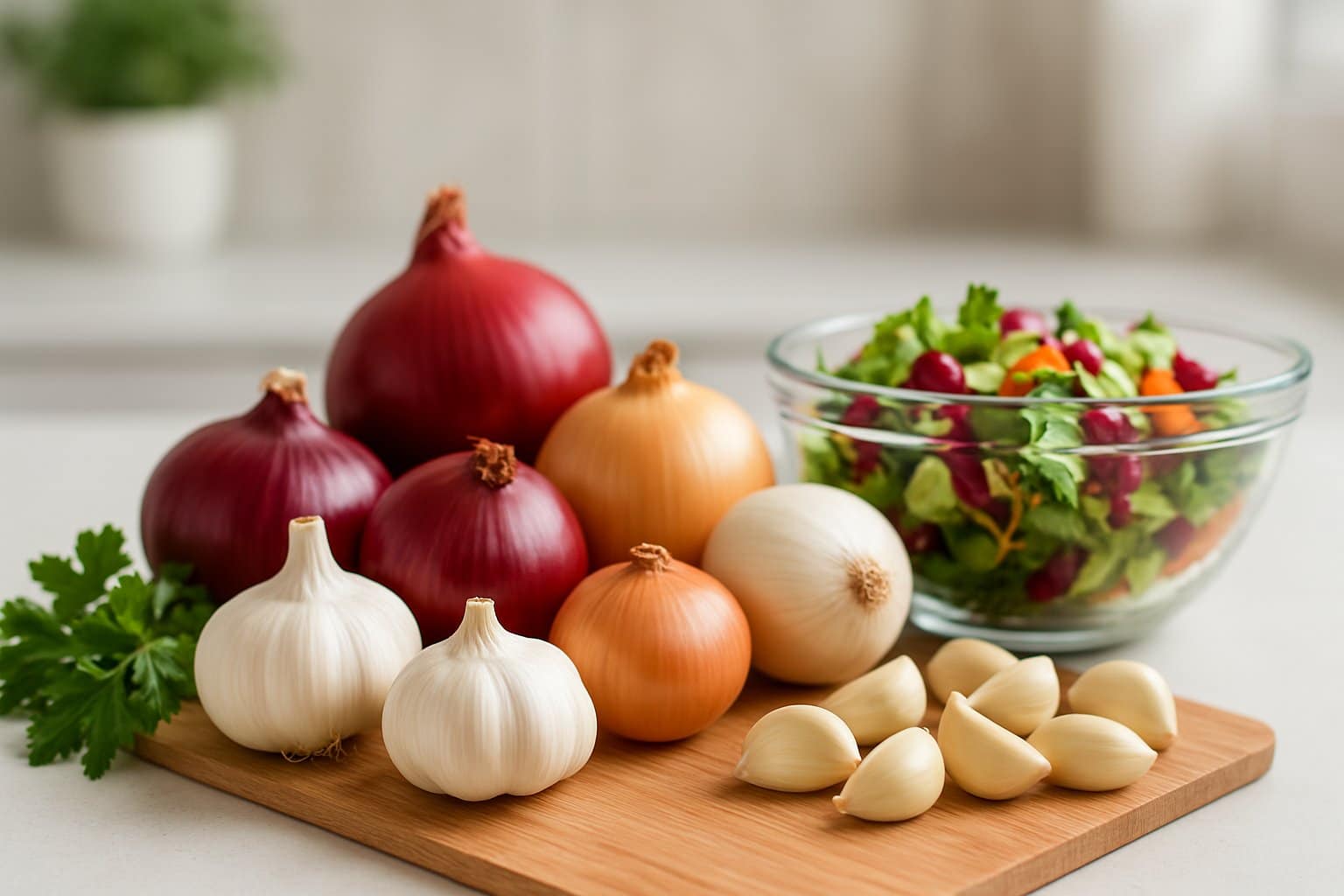 A kitchen countertop with fresh garlic bulbs, peeled garlic cloves, red and white onions, herbs, and a bowl of mixed salad.