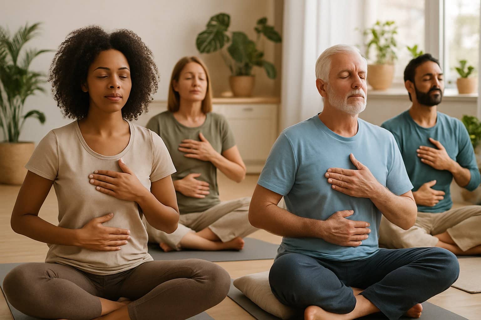 A group of adults meditating on yoga mats in a bright room with plants and a kitchen area with fresh fruits in the background.