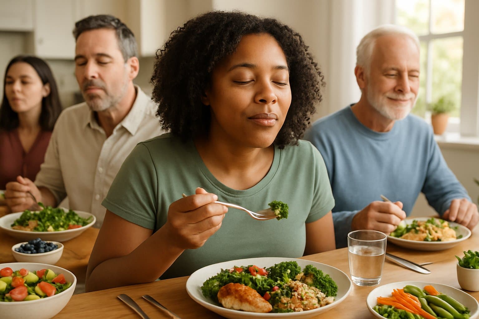 A group of adults sitting around a dining table, chewing food slowly and enjoying a healthy meal together.