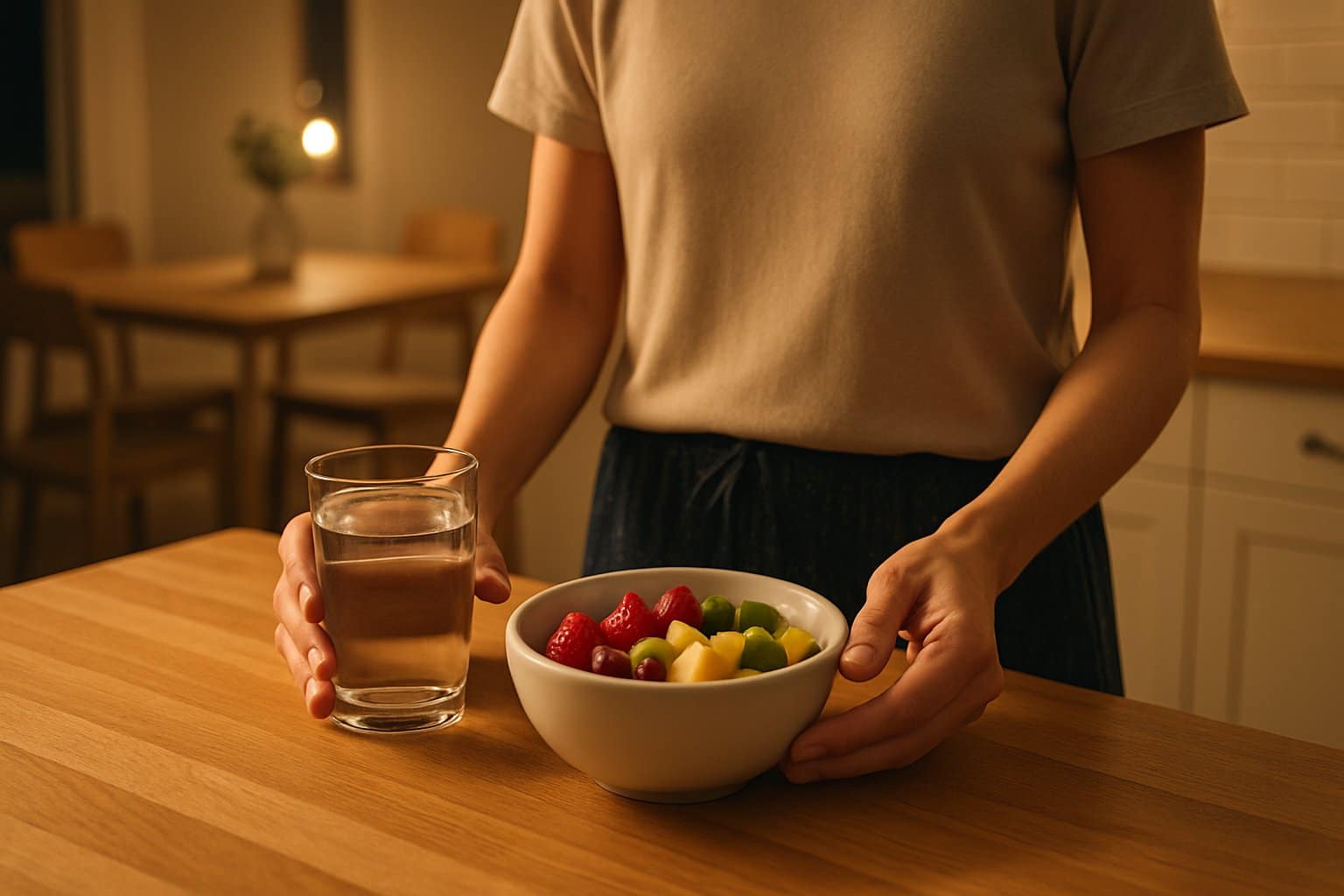 A person placing a small bowl of fresh fruit and a glass of water on a kitchen countertop in the evening.