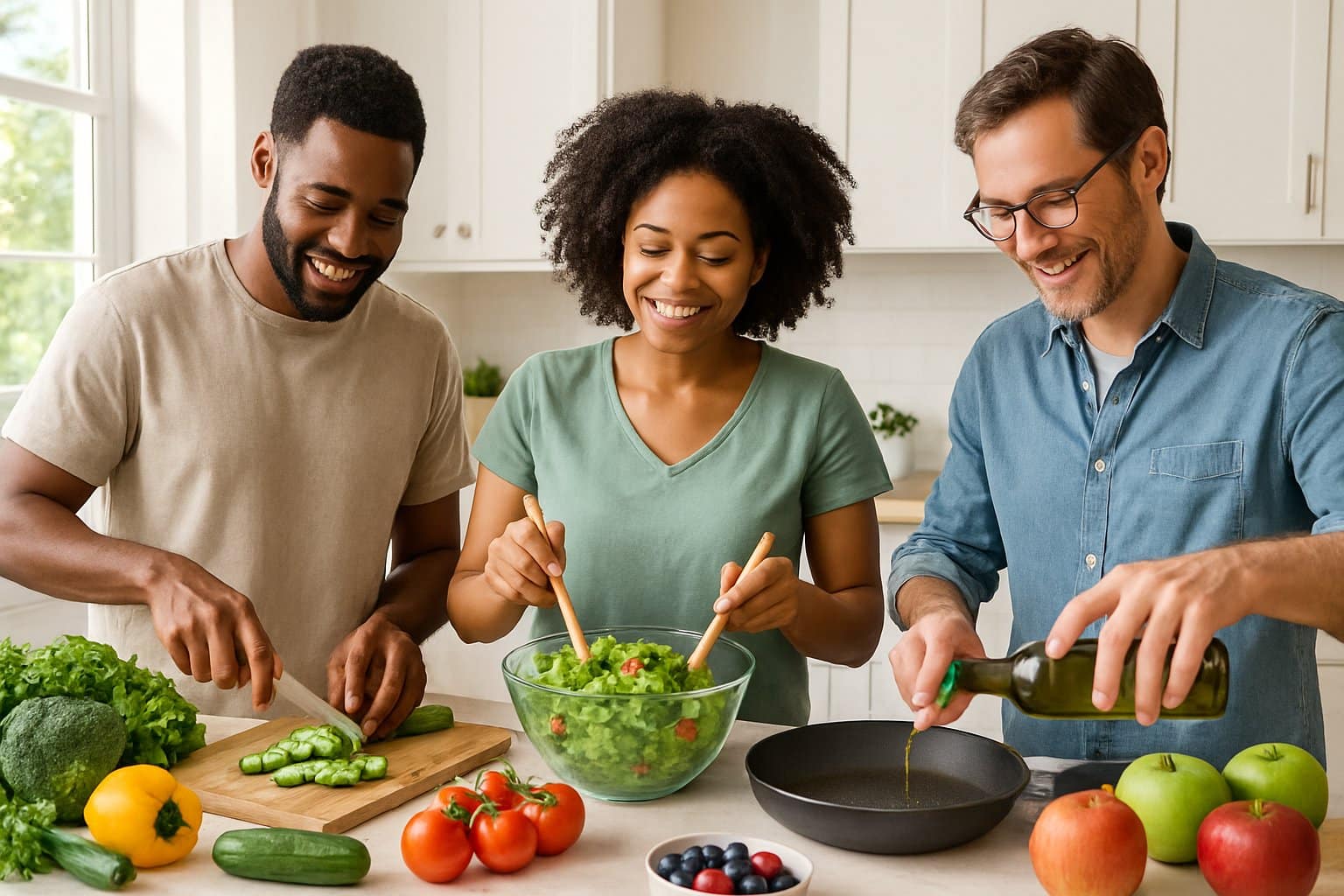 Three adults preparing a healthy meal with fresh vegetables and fruits in a bright kitchen.