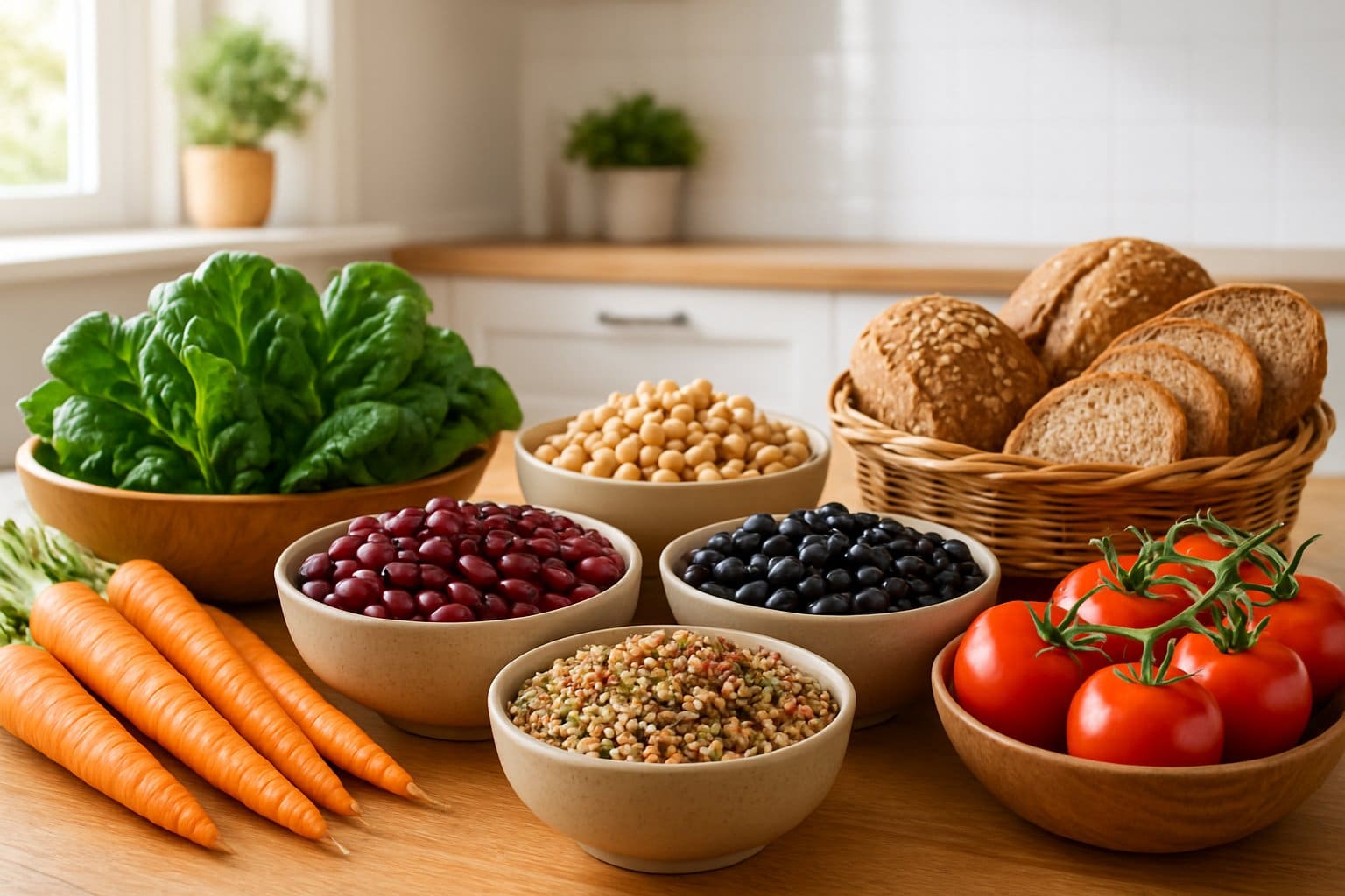 A kitchen table displaying bowls of beans, whole grain breads, mixed grains, and fresh vegetables in a bright kitchen setting.