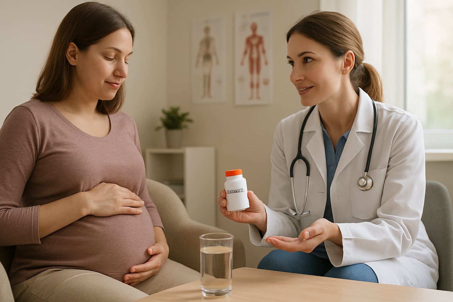 A pregnant woman sitting with a healthcare professional in a clinic, discussing medication with a bottle of pills on the table.