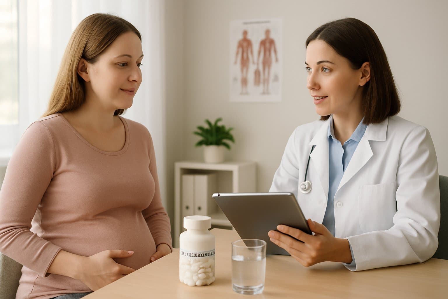 A pregnant woman and a female doctor having a calm discussion in a medical office with acetaminophen pills on the desk.