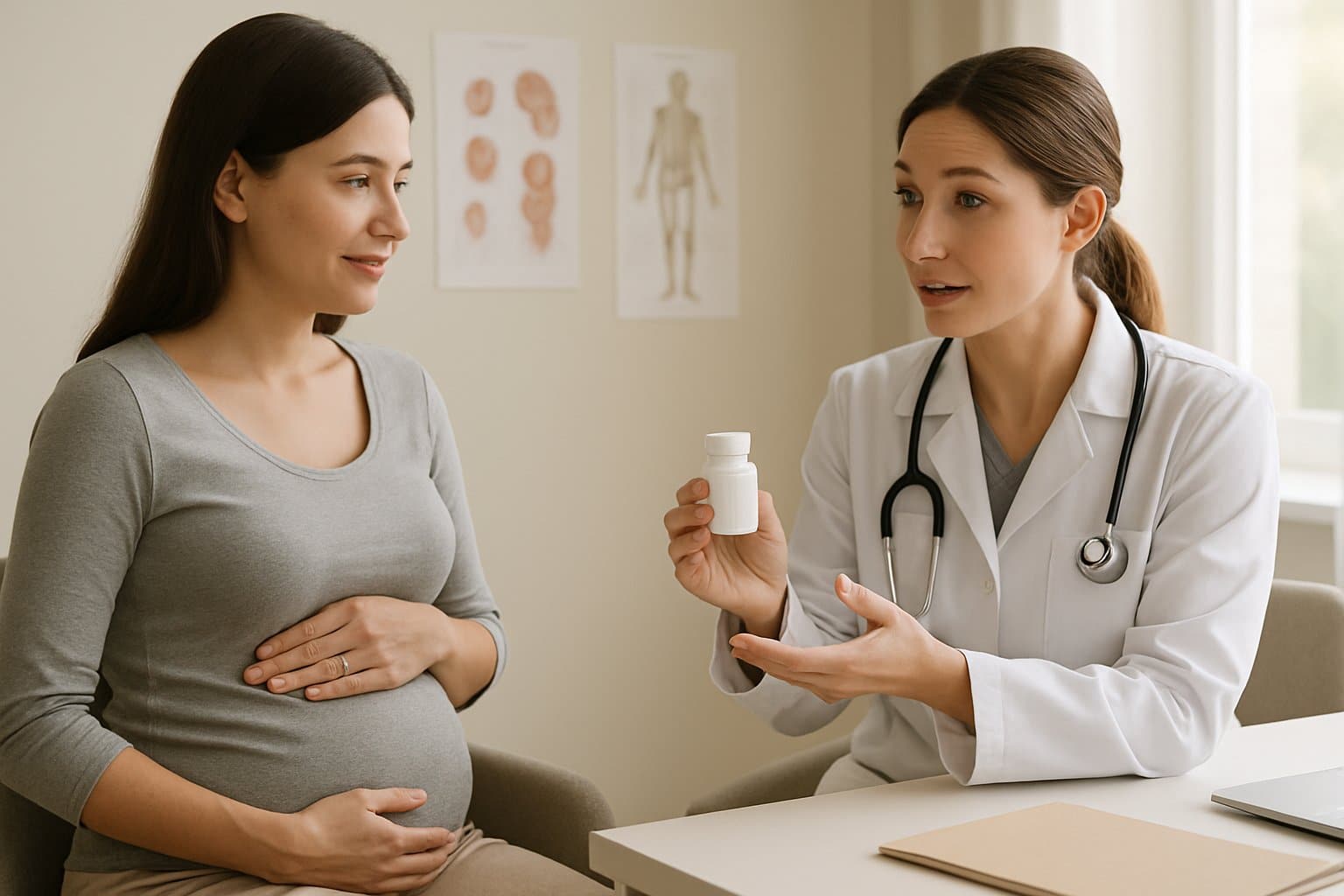 A pregnant woman and a female doctor discussing medication safety in a bright medical office.