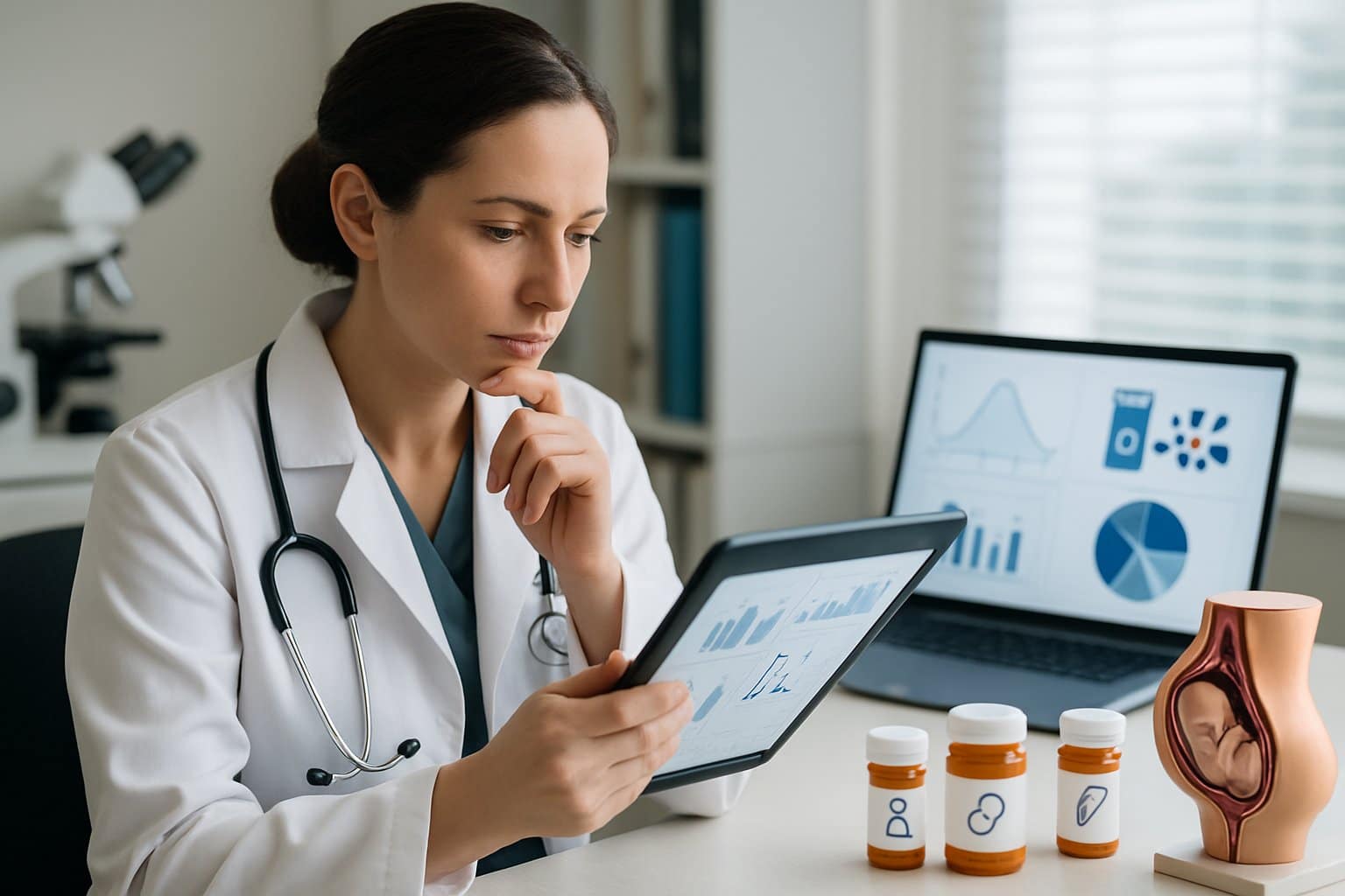 A female doctor in a medical office reviewing data on a tablet with medical equipment and pregnancy models nearby.