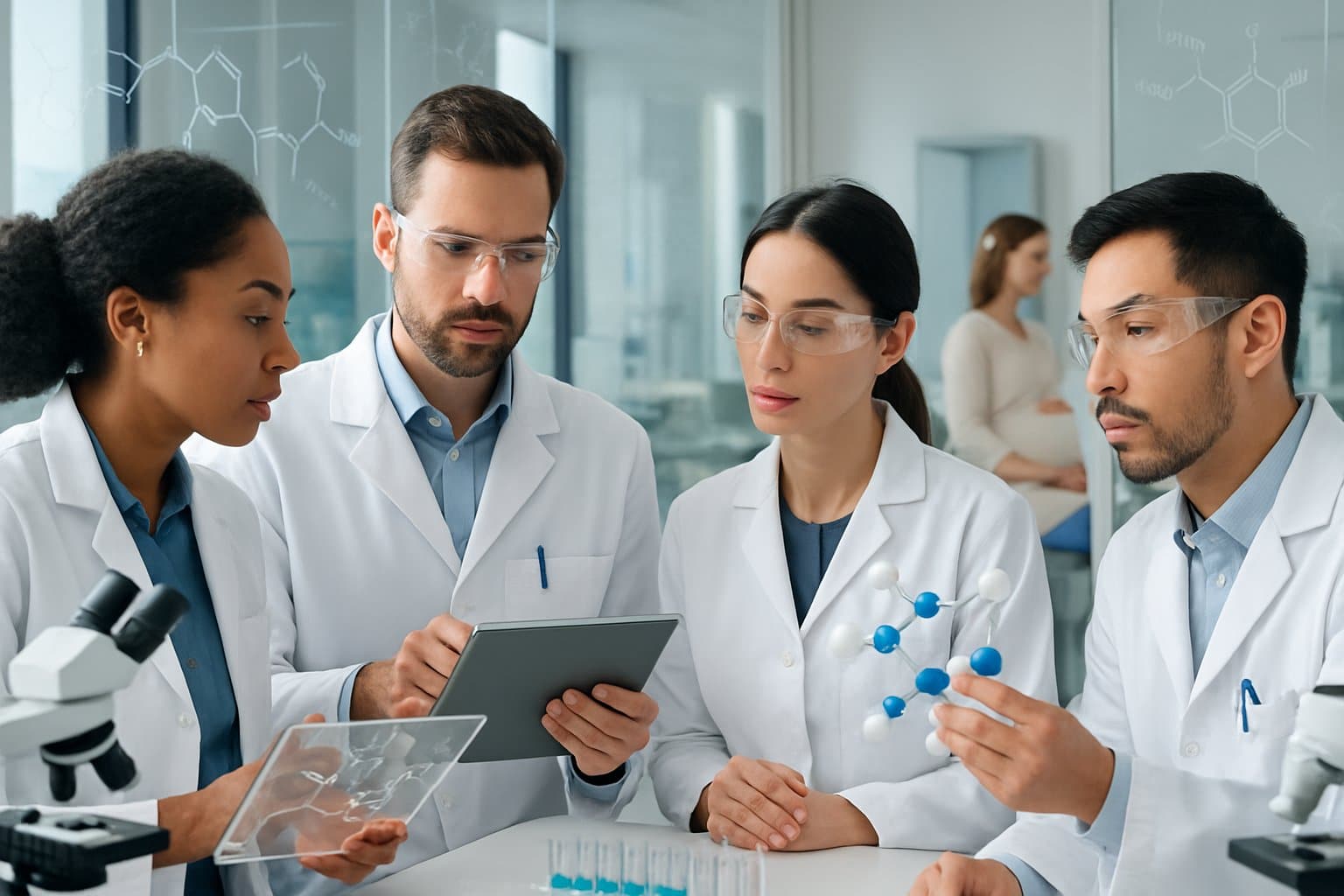 Medical researchers discussing data in a lab while a pregnant woman consults with a doctor in a clinical setting.