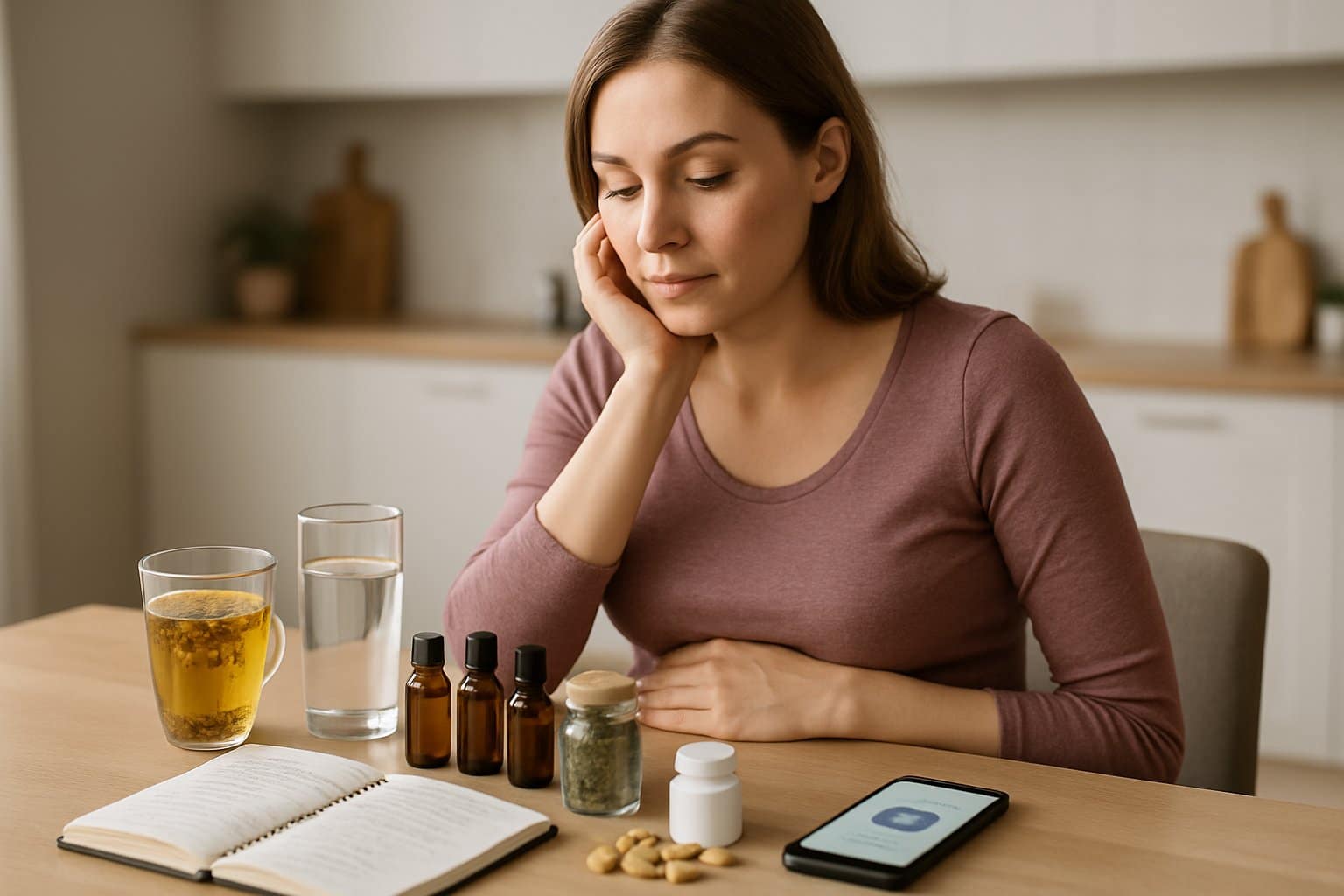 A pregnant woman sitting at a kitchen table looking thoughtfully at natural remedies and supplements.